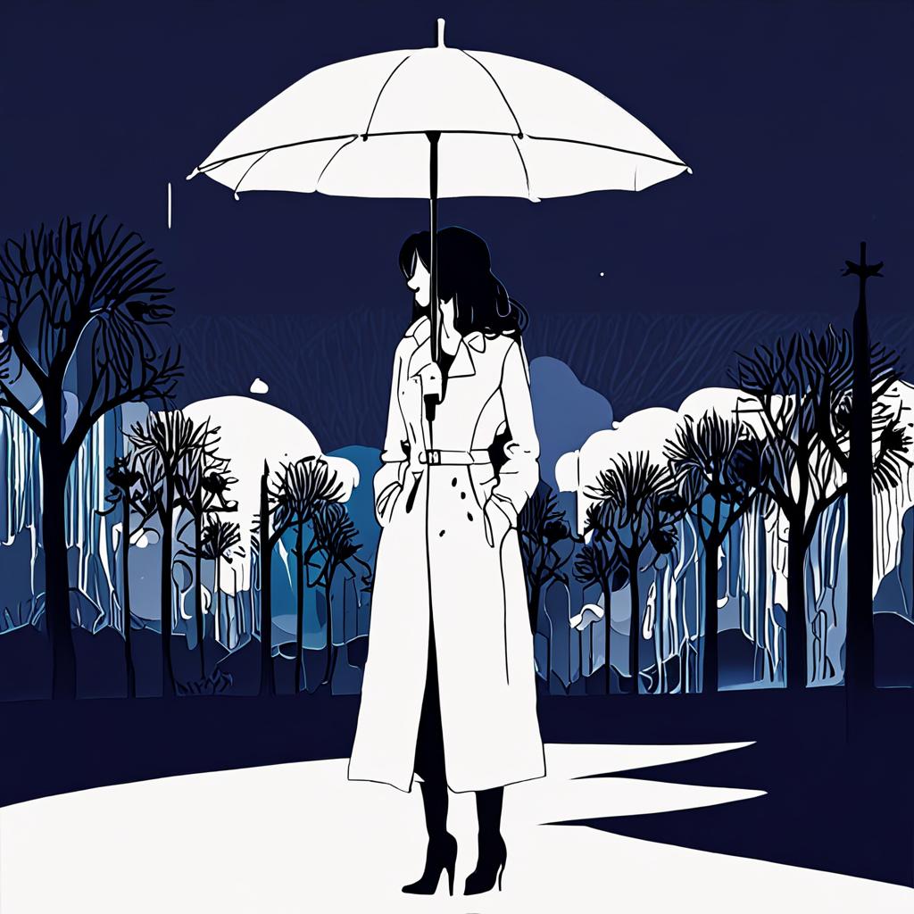Minimalist digital illustration, a stylish woman in a long w