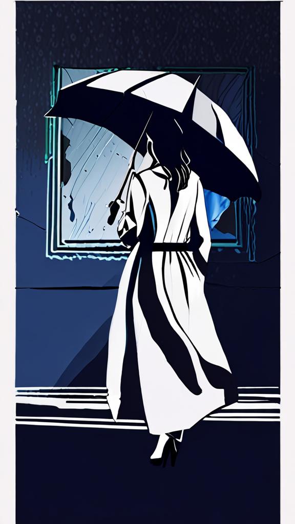 Minimalist digital illustration, a stylish woman in a long w